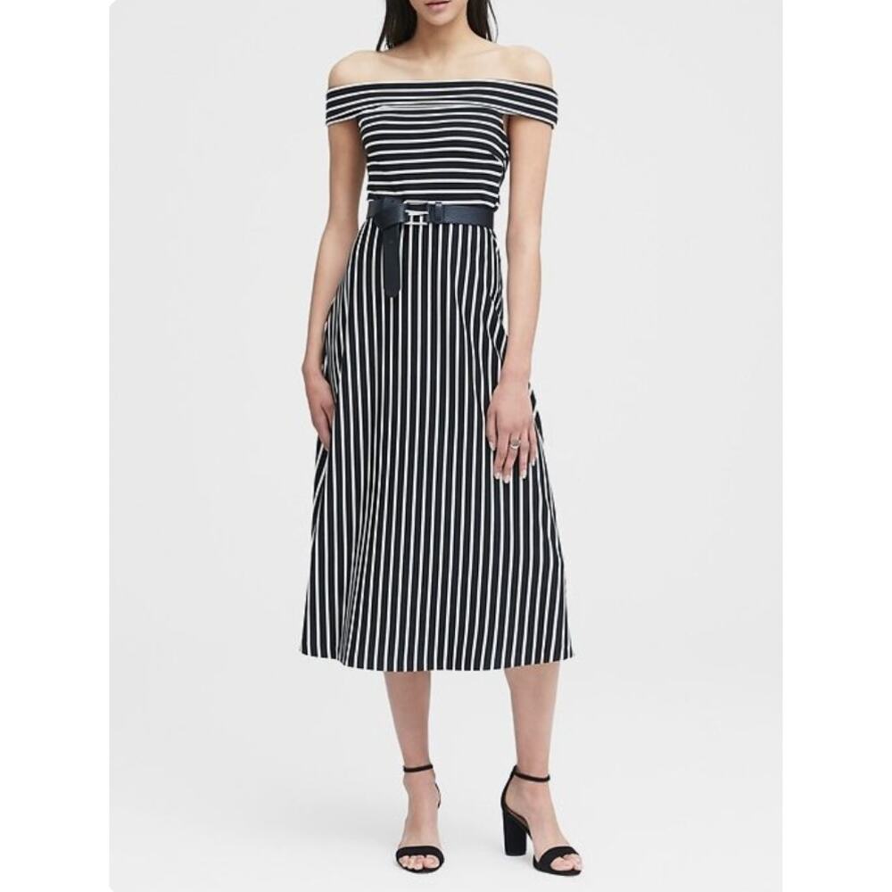 Banana Republic Ponte Off Shoulder Fit Flare Midi Dress Stripe Black White 0 - Picture 13 of 13